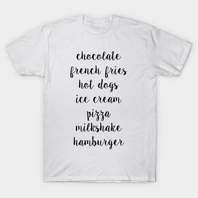 Chocolate French Fries Hot Dogs Ice Cream Piffa Milkshake Hamburger T-Shirt by hothippo